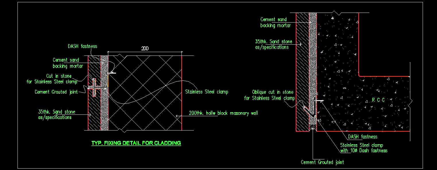 Stone Cladding CAD Construction Detail on Brick & R.C.C. Walls